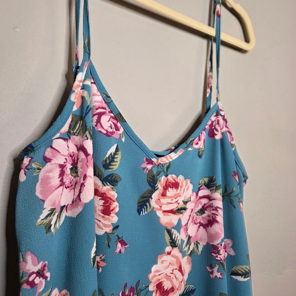 Teeze Me Floral Mini Dress Womens Medium Blue Pink Rose Spaghetti Strap Summer